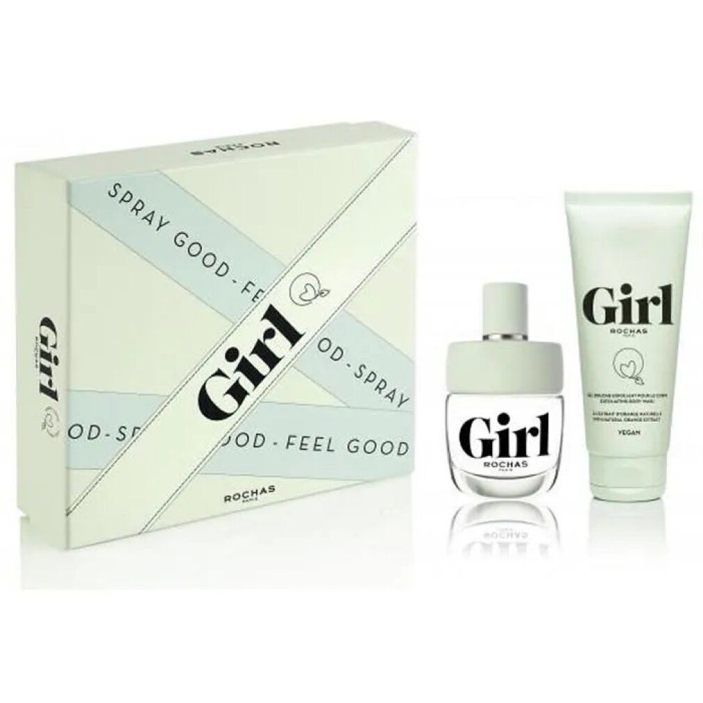 Set regalo Girl con spray Eau de Toilette, flacone e tubo. Scritta Girl. Confezione bianca e verde chiaro.