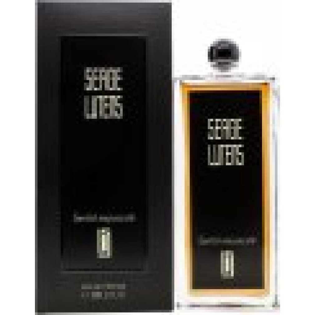 Flacone e scatola. Flacone con etichetta nera: SERGE LUTENS, Santal Majuscule. Scatola nera.