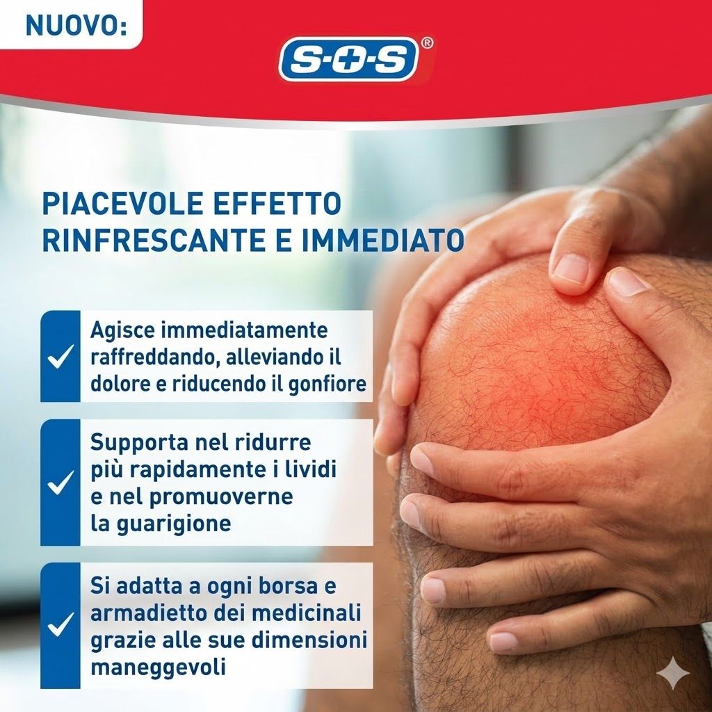 Primo piano di un ginocchio. Testo: Piacevole effetto rinfrescante e immediato. Agisce raffreddando, alleviando il dolore e riducendo il gonfiore. 