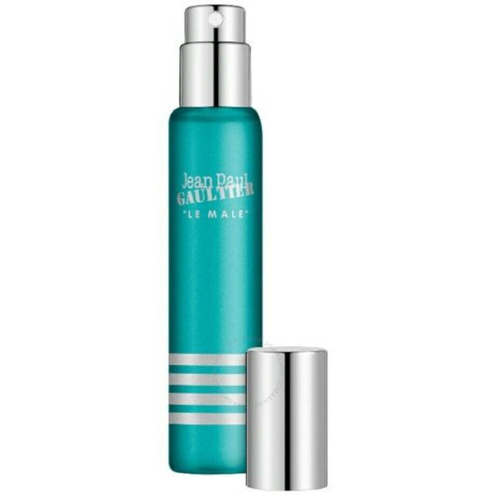 Flacone Jean Paul Gaultier Le Male Eau de Toilette. Flacone verde, strisce argentate, tappo argentato. Tappo rimosso.