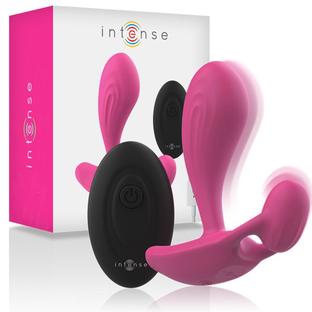 Vibratore rosa con telecomando nero e confezione. Marchio: Intense. Intense è sulla confezione.