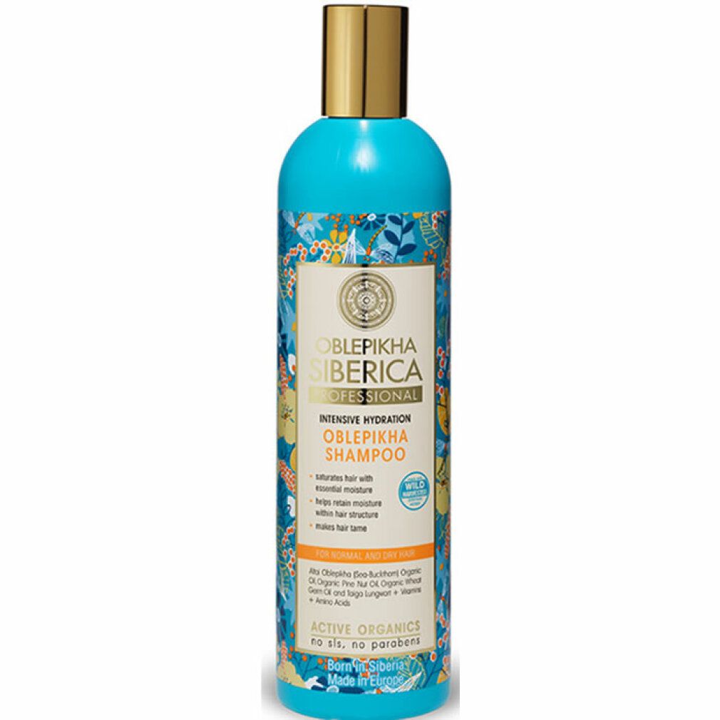 Flacone di shampoo turchese con tappo dorato. Etichetta floreale con informazioni sul prodotto. Oblepikha Siberica Professional.