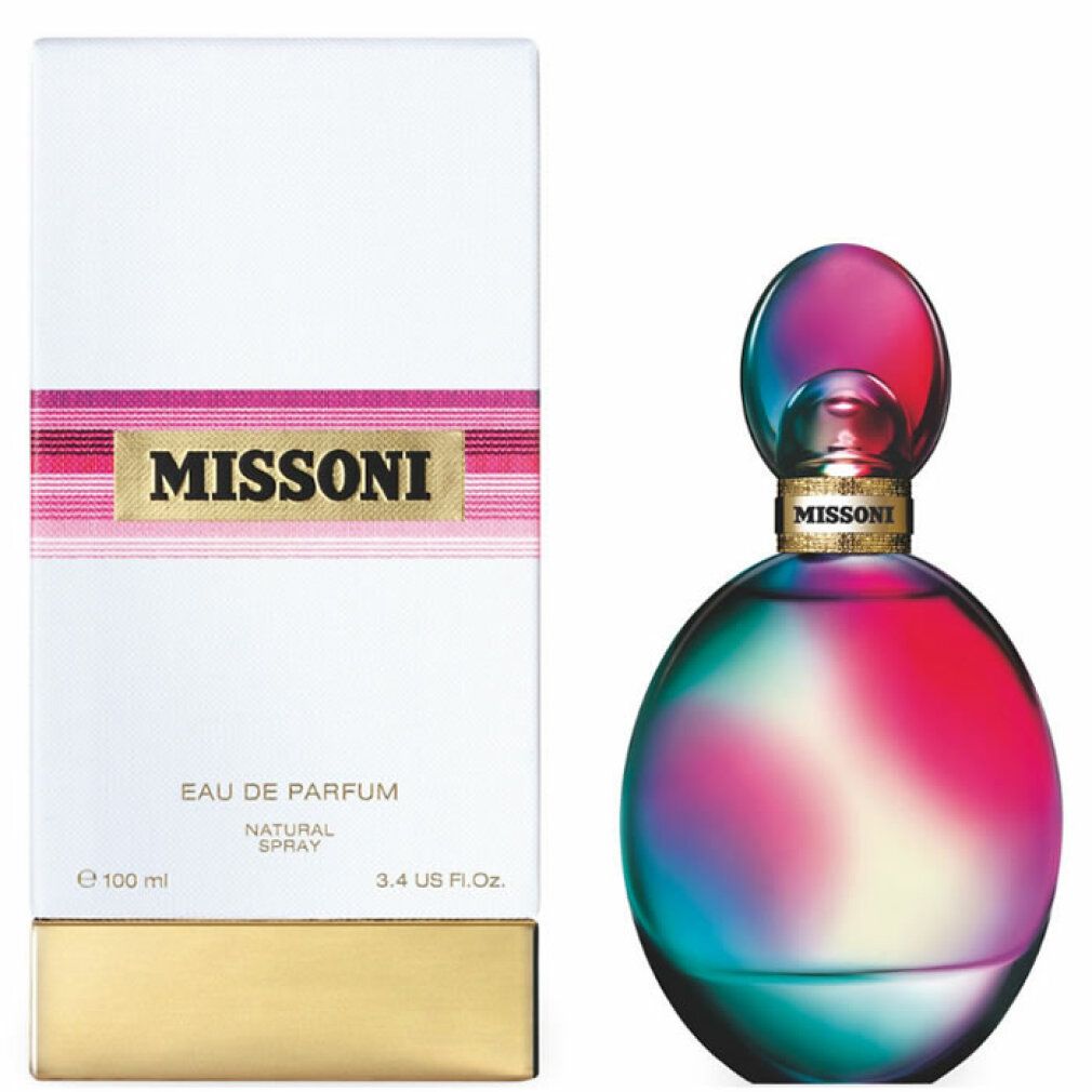Flacone di profumo e confezione. Flacone rotondo, colorato. Confezione bianca con fascia rosa. Scritta: MISSINI, Eau de Parfum.