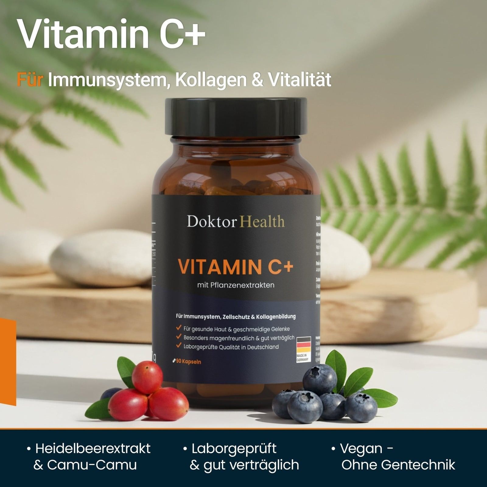 Flacone di vetro marrone con capsule di vitamina C+. Scritta: Doktor Health, Vitamin C+ con estratti vegetali. Mirtilli e frutti di camu-camu.