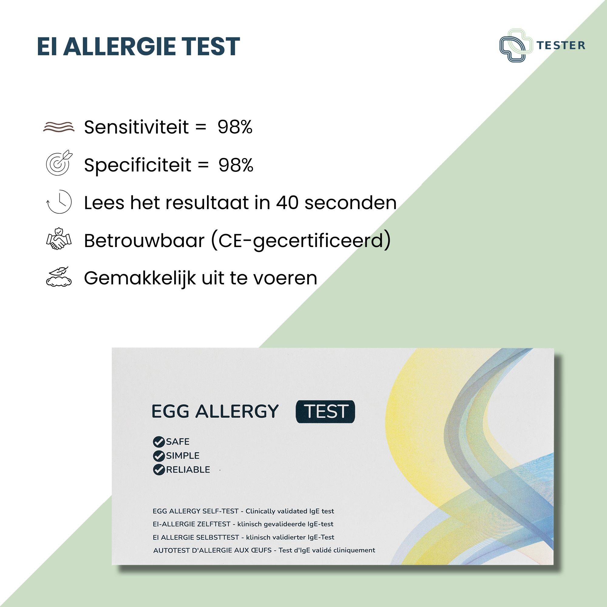 Test per l'allergia all'uovo. Testo: Sensibilità = 98%, Specificità = 98%. Risultato in 40 secondi. Affidabile (certificato CE). Facile da eseguire. Confezione.