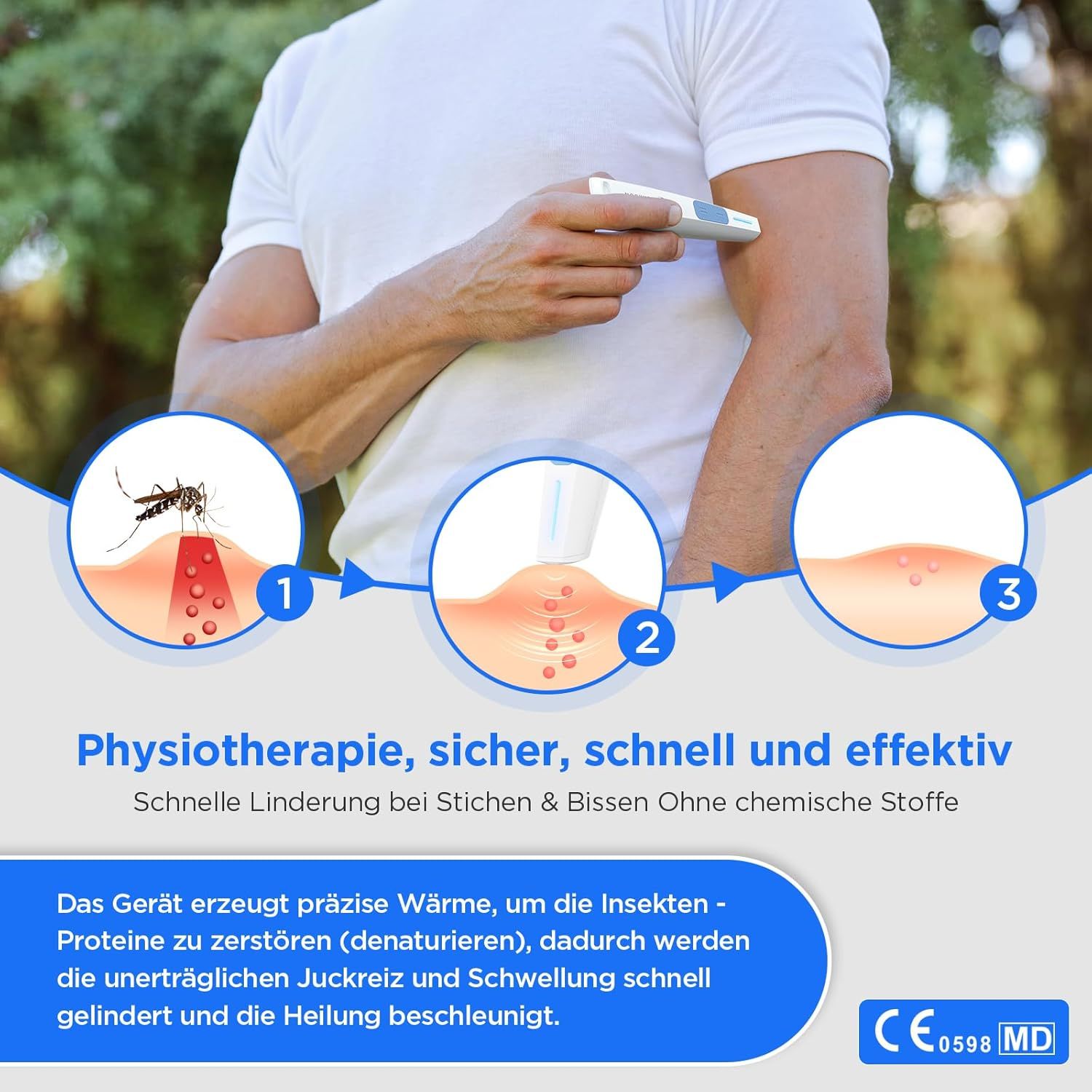 Persona mostra il dispositivo sul braccio. Illustrazioni: zanzara, pelle. Testo: Fisioterapia, sicura, rapida ed efficace. Marchio CE.