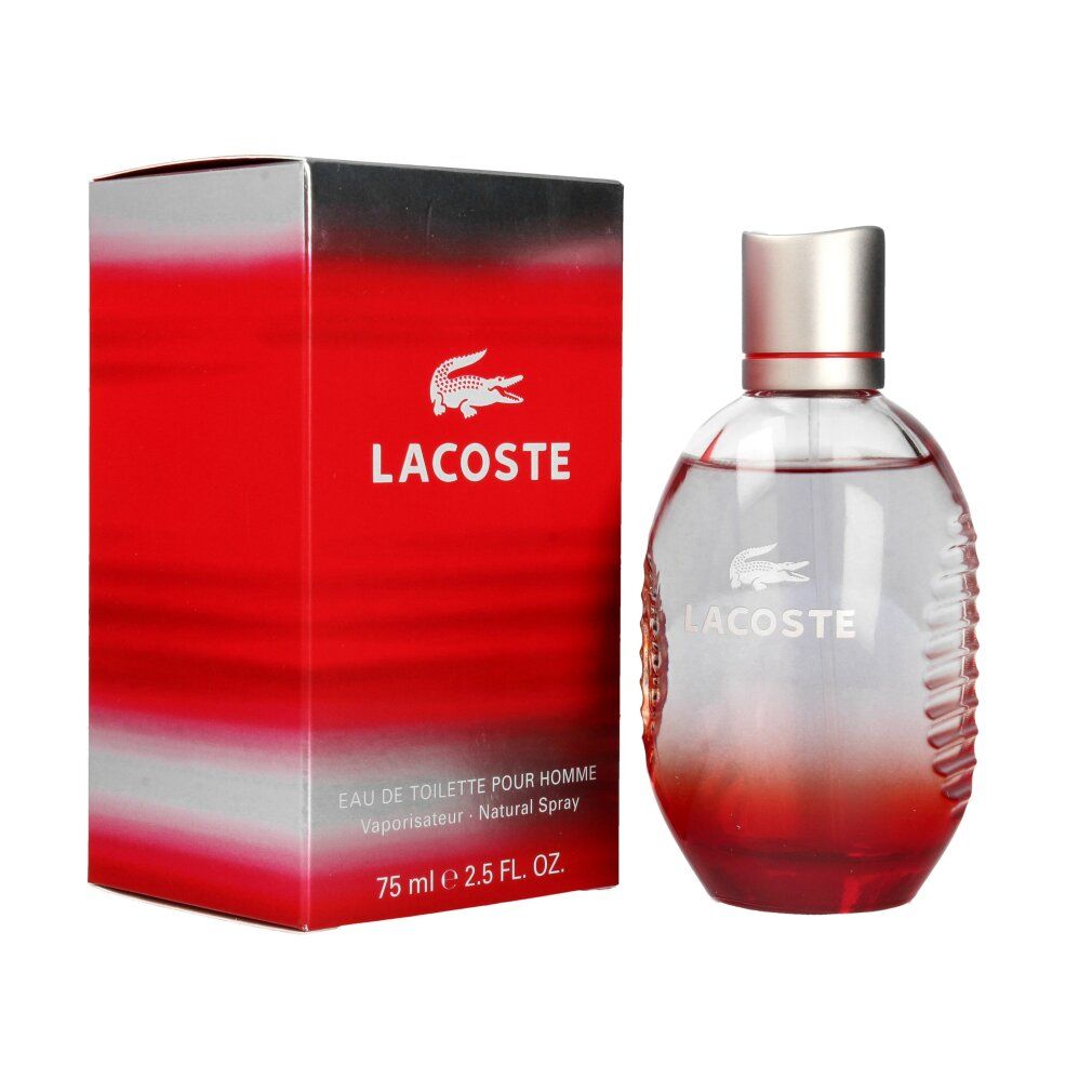 Flacone rosso e argento. Scatola rossa con logo e scritta bianchi. Eau de toilette.