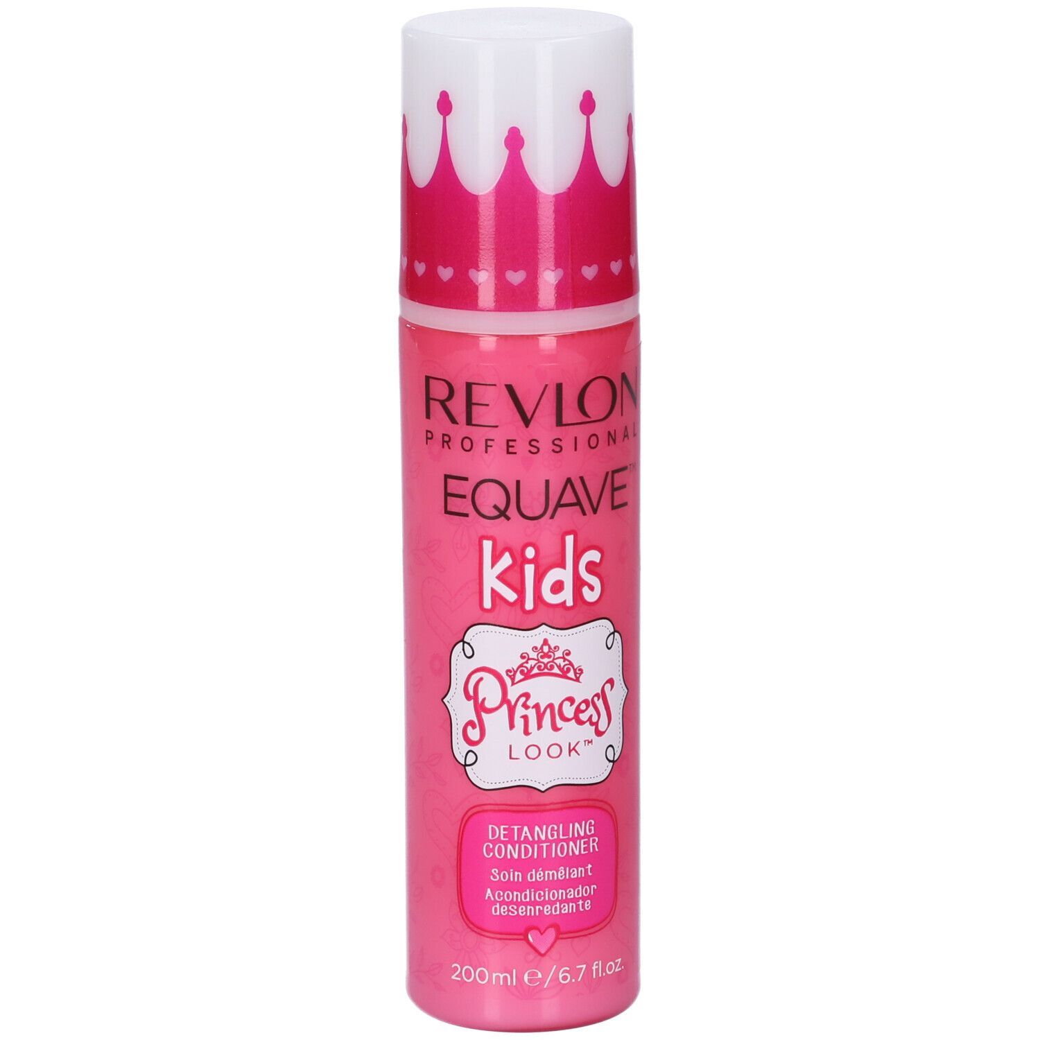 Flacone rosa con tappo a corona bianco. Scritta: Revlon Equave Kids Princess Look. Balsamo.
