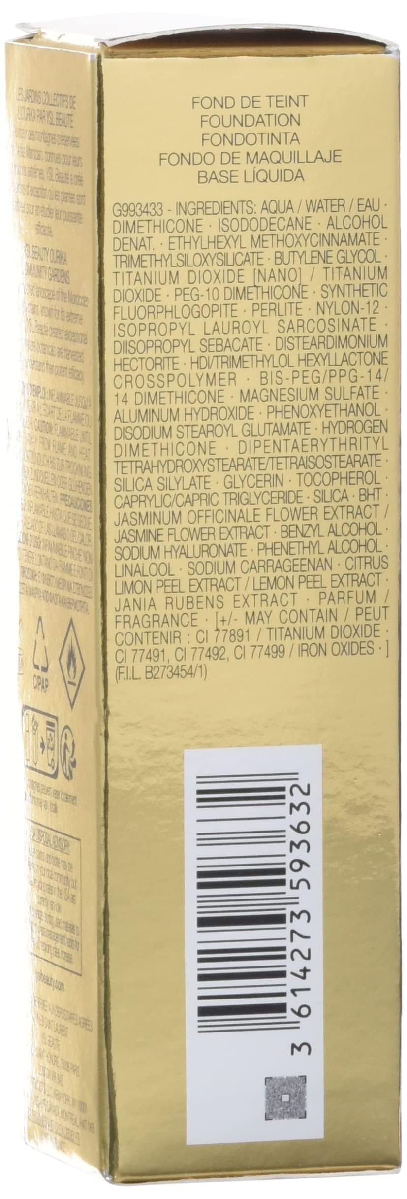 Yves Saint Laurent All Hours Foundation. Scatola con testo. Scritta: INGREDIENTS. Codice a barre.