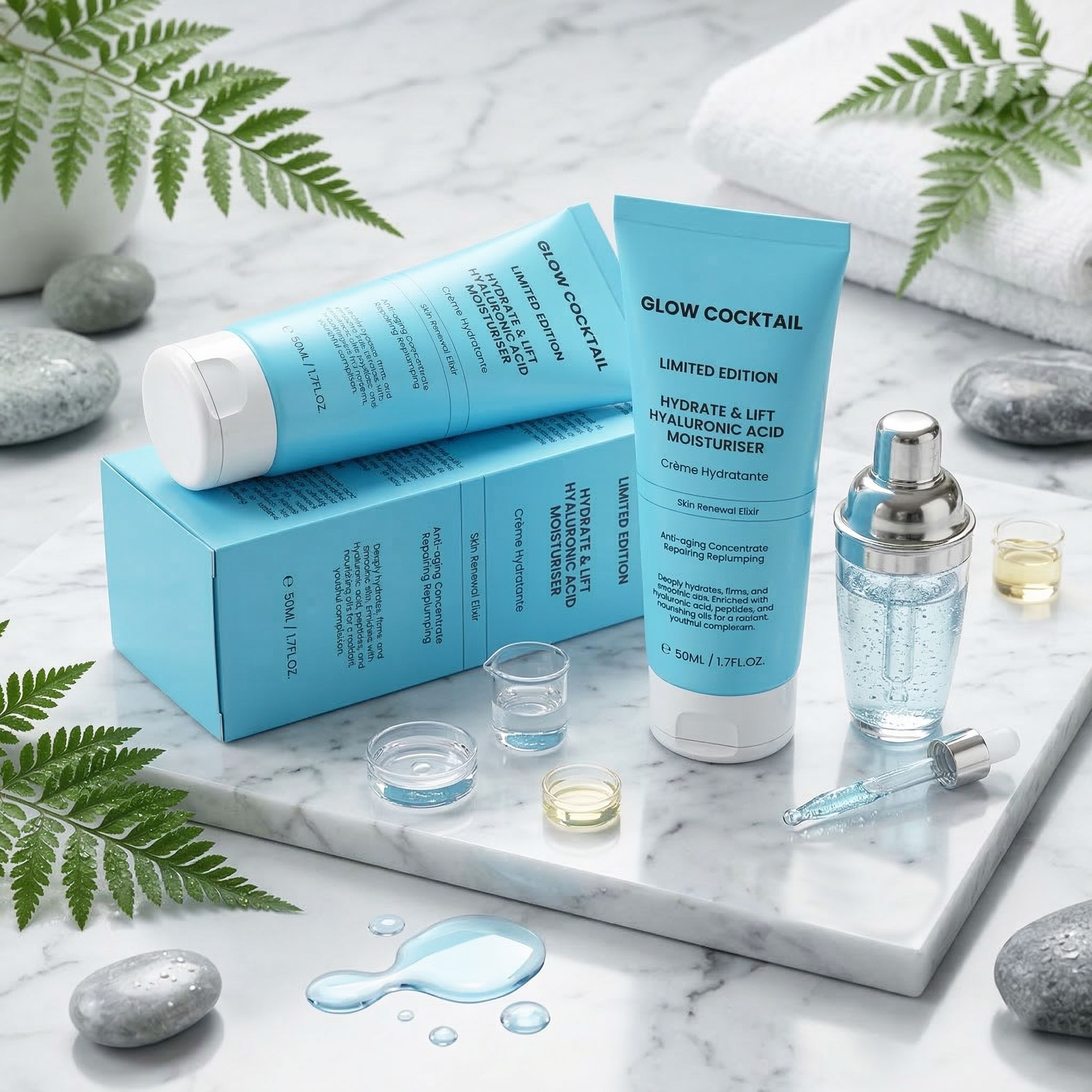 Due tubetti azzurri e una scatola con la scritta "Glow Cocktail Hydrate & Lift Hyaluronic Acid Moisturiser", accanto uno shaker e piccoli bicchieri.