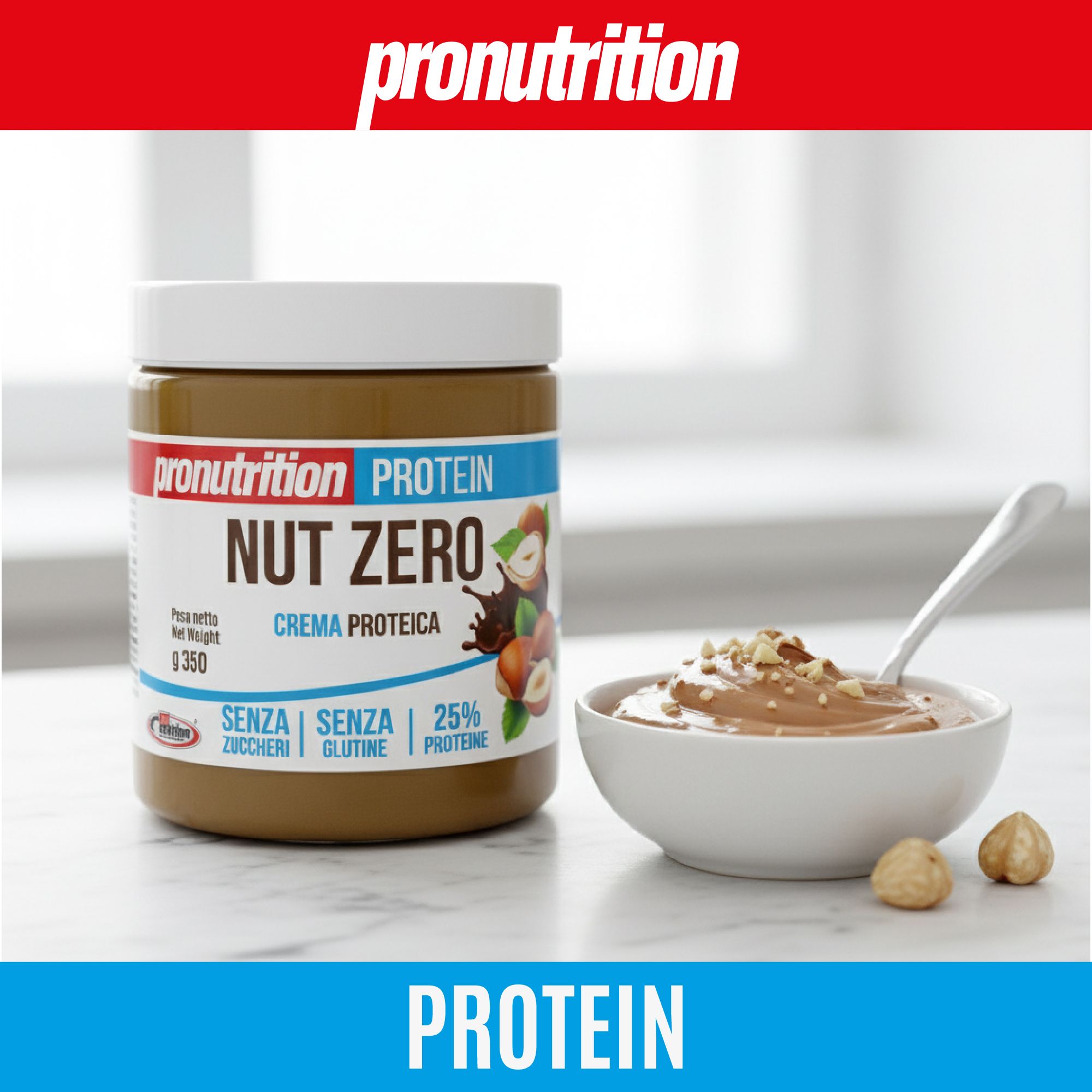 Vaso di crema proteica, ciotola con crema e cucchiaio. Scritta: Nut Zero, Crema Proteica, 25% proteine, senza zucchero e glutine. Nocciole.