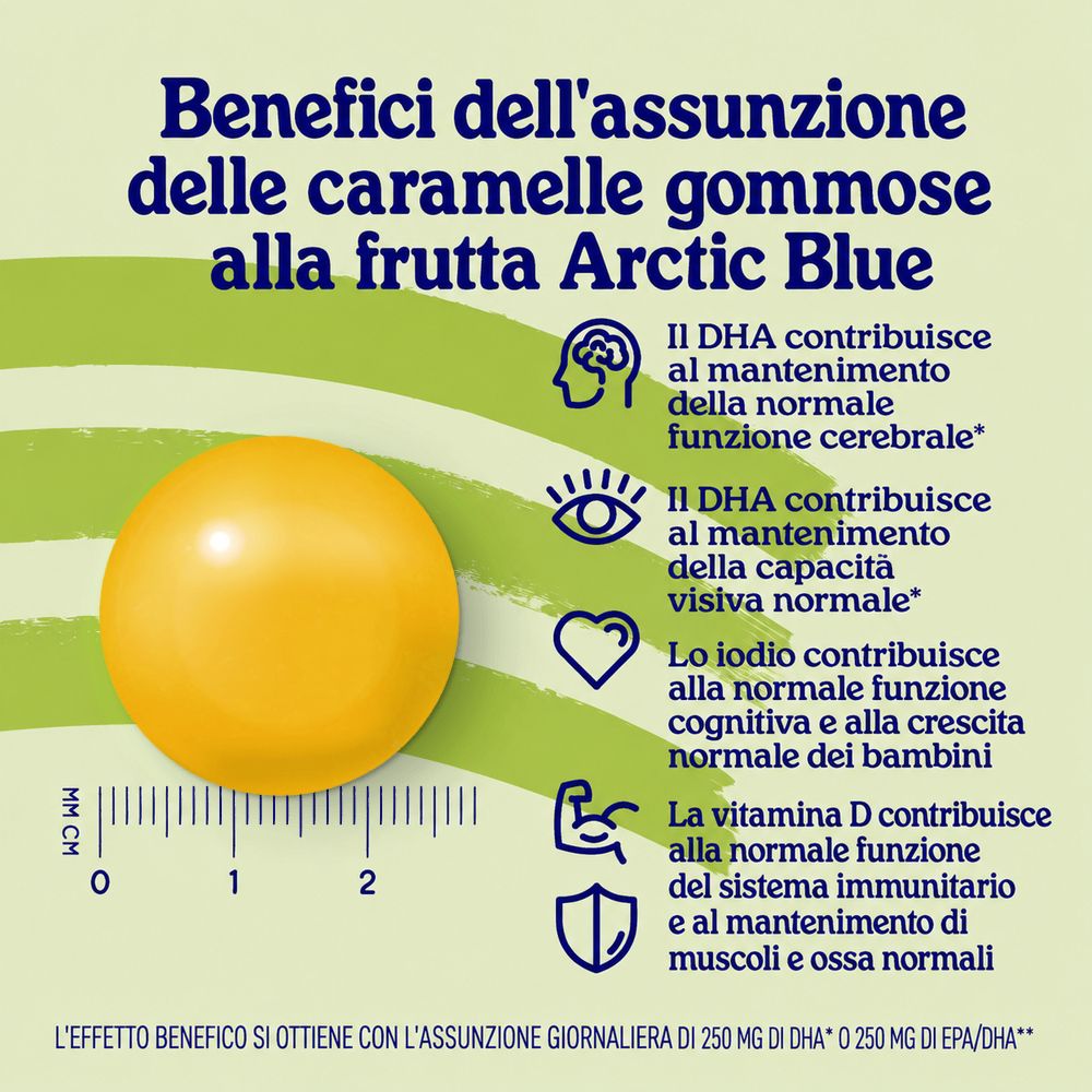 Confezione di gummies Arctic Blue Omega-3 con informazioni su benefici e ingredienti.