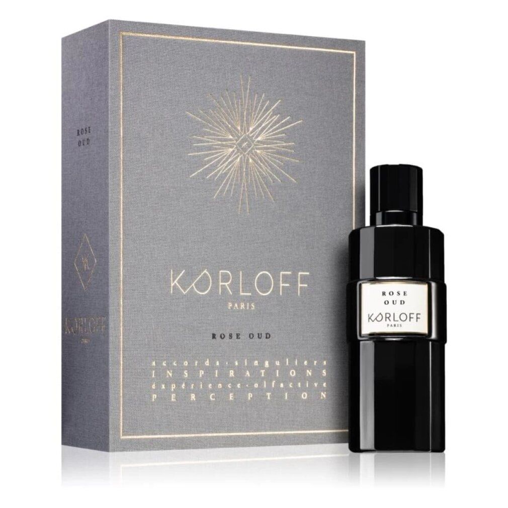 Scatola grigia e flacone nero. Scritta: KORLOFF, Rose Oud. Flacone con etichetta bianca.