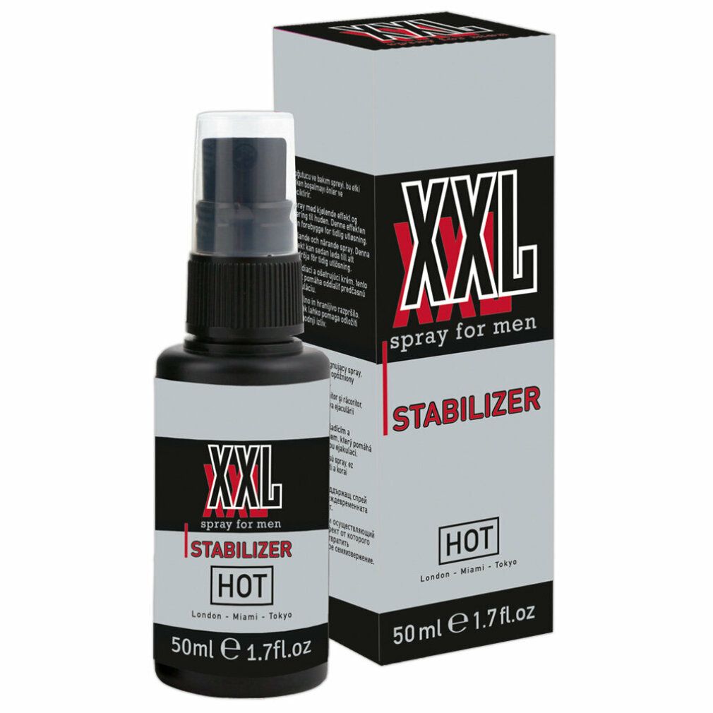 Flacone spray nero con confezione. Scritta: XXL Stabilizer, 50ml, HOT. Contenuto visibile.