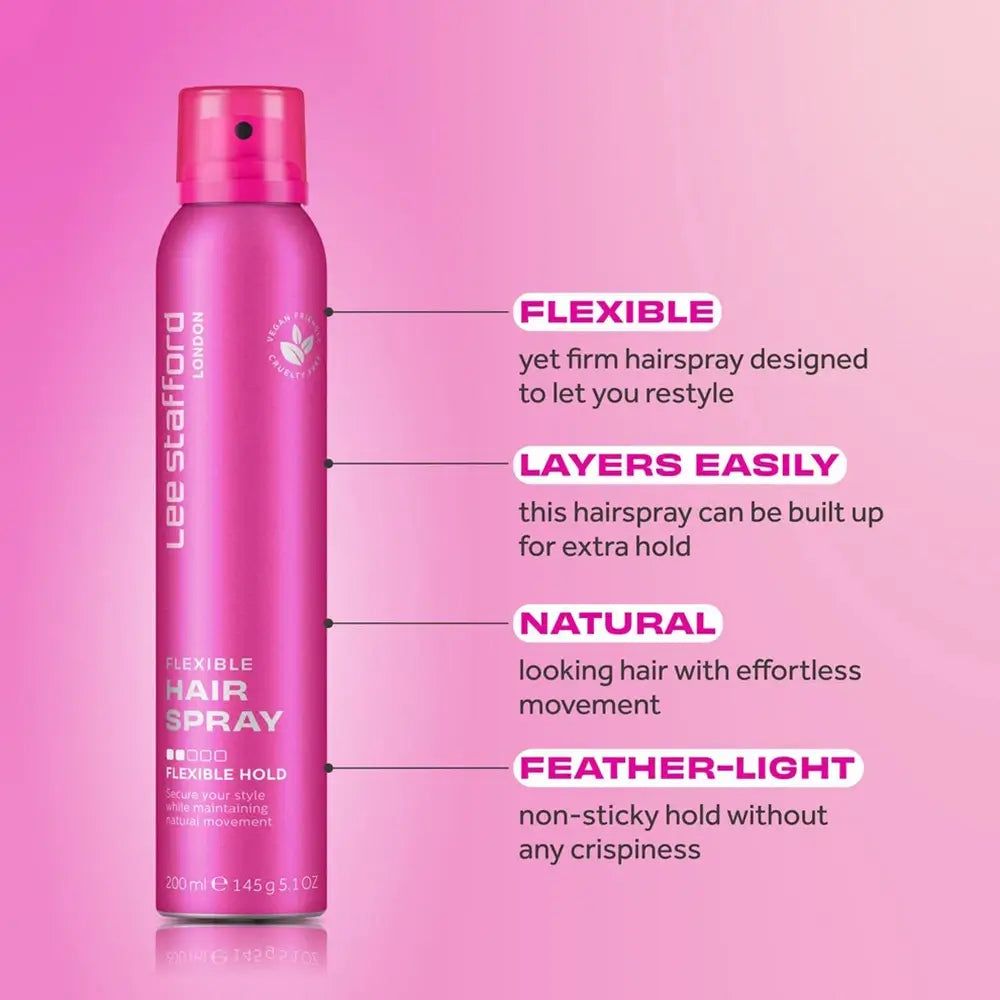 Flacone Lee Stafford Flexible Hairspray con spiegazioni su flessibilità e tenuta.