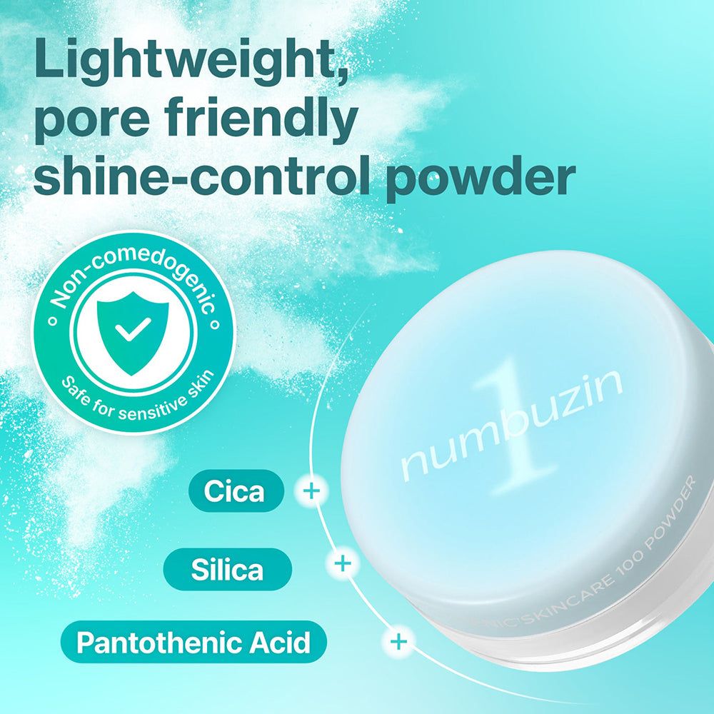 Contenitore cipria 'numbuzin 1'. Sigilli 'Non-comedogenic' e 'Safe for sensitive skin'.