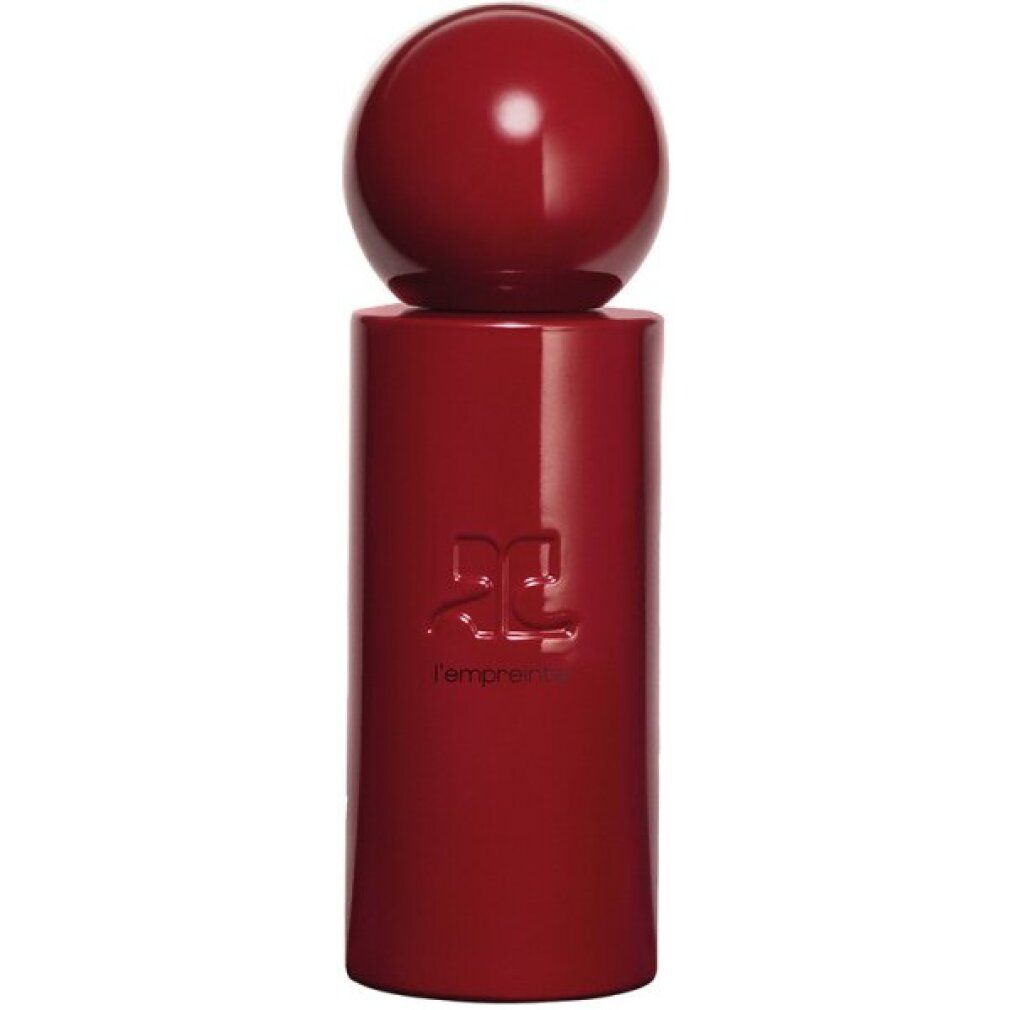 Flacone di profumo rosso con tappo rotondo. Flacone con logo del marchio e nome del prodotto. Forma cilindrica.