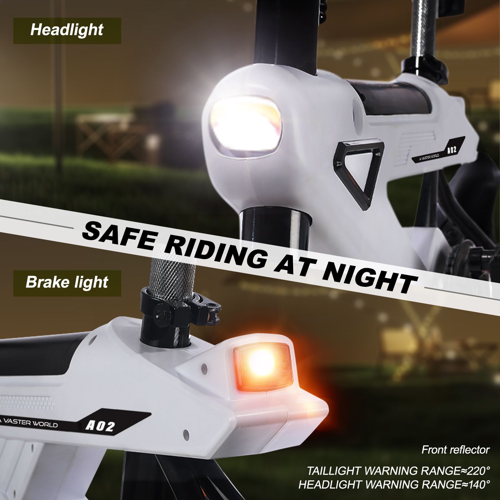 Primo piano dell'e-bike A02. Faro e fanale posteriore. Testo: SAFE RIDING AT NIGHT. Riflettore anteriore e posteriore.
