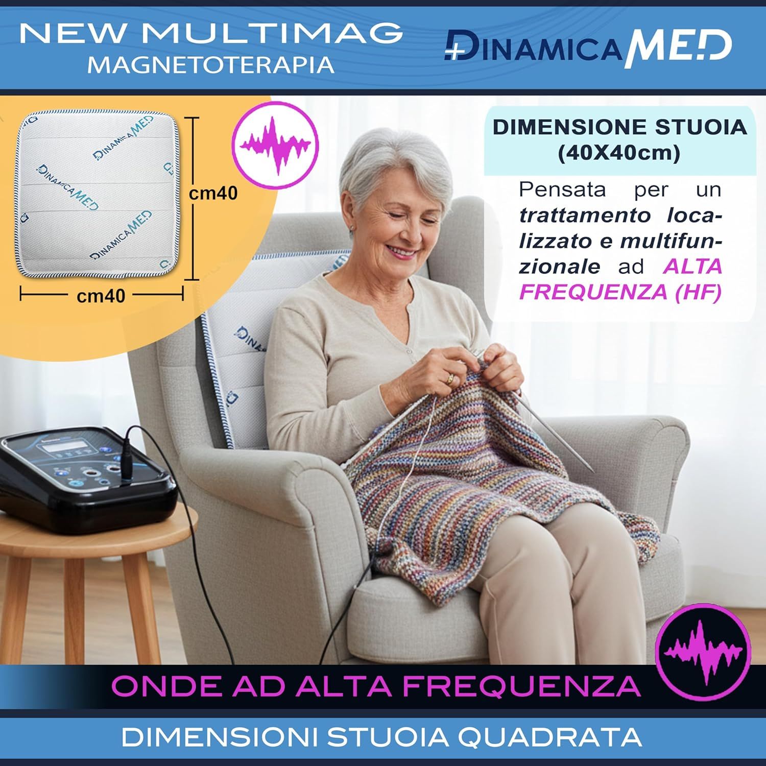 Donna anziana a maglia su una poltrona, accanto a un dispositivo di magnetoterapia e un tappetino 40x40cm.