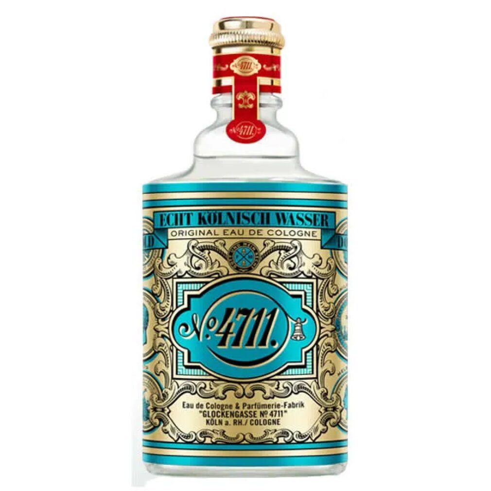 Flacone in vetro di 4711 Eau de Cologne con tappo dorato ed etichetta. L'etichetta riporta "Echt Kölnisch Wasser" e "No. 4711".