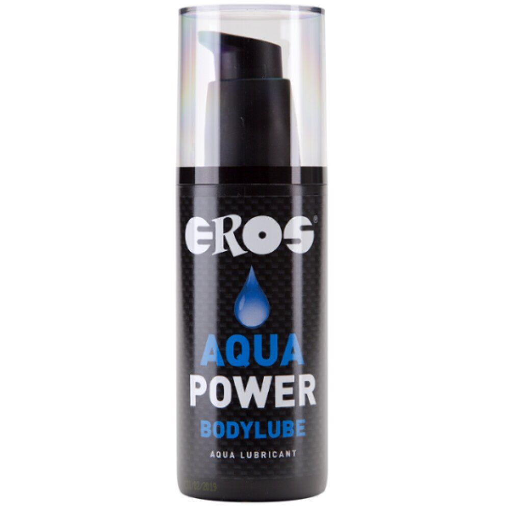 Flacone nero con dosatore a pompa. Scritta: EROS, AQUA POWER, BODYLUBE. Grafica goccia blu.