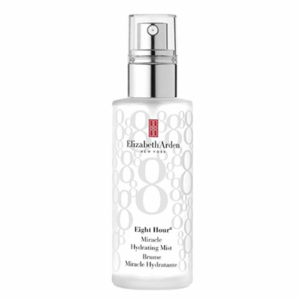 Flacone spray. Scritta: Elizabeth Arden, Eight Hour Miracle Hydrating Mist. Flacone bianco, tappo argento.
