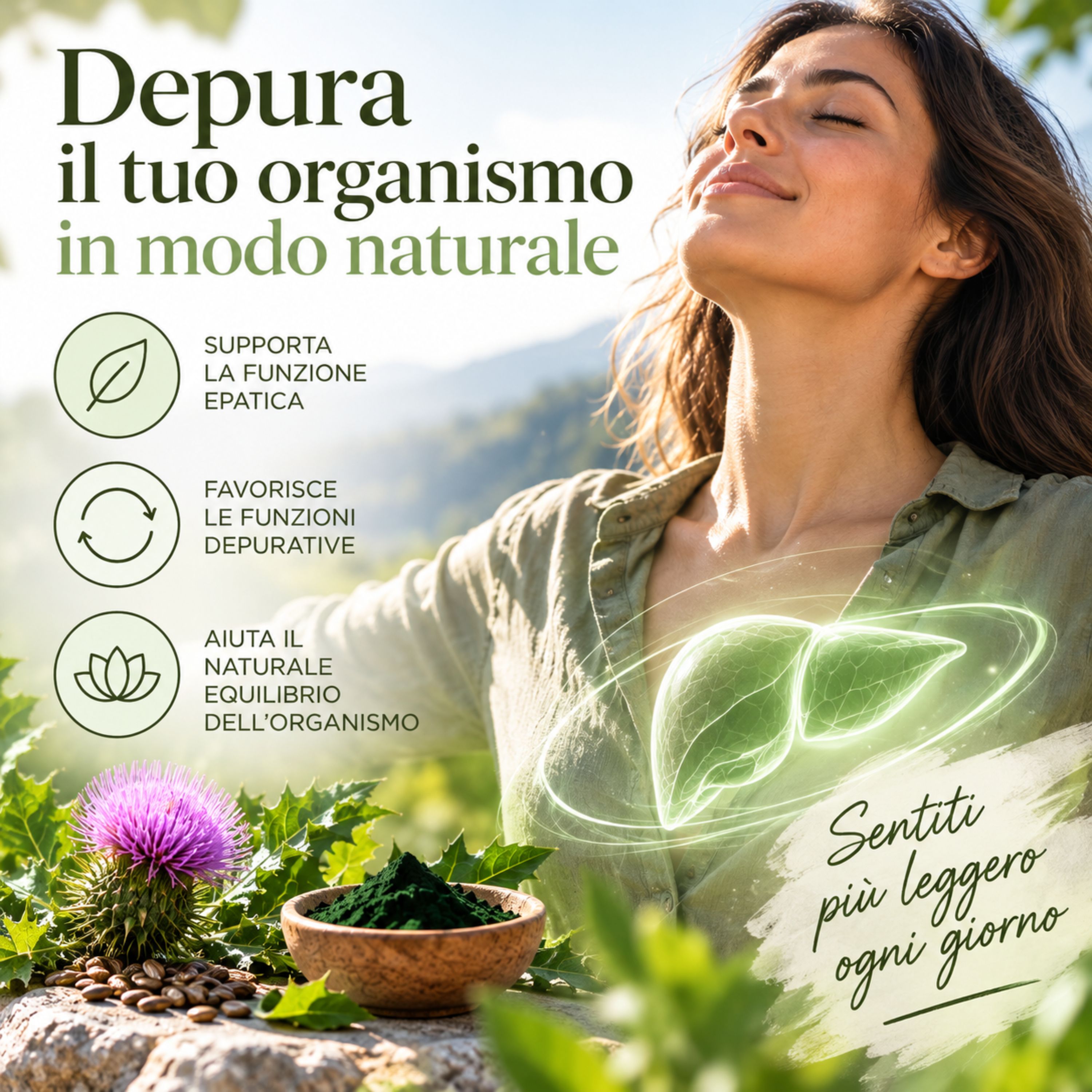 Donna che si gode la natura. Icone mostrano supporto alla funzione epatica e depurazione.