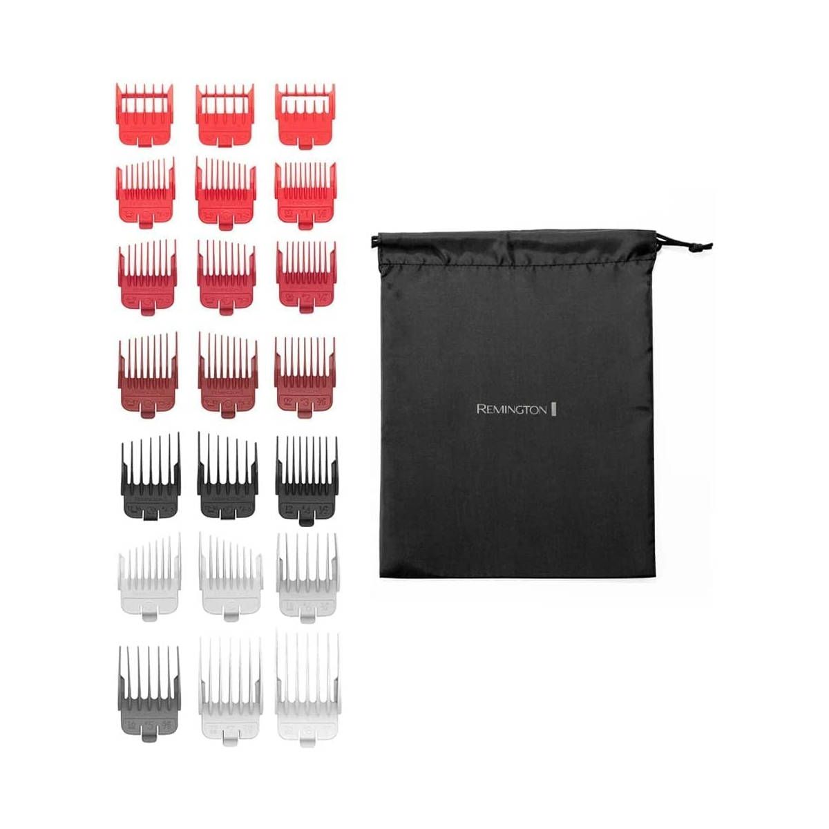 Accessori tagliacapelli: 16 pettini rossi, neri e grigi. Custodia nera con logo Remington.