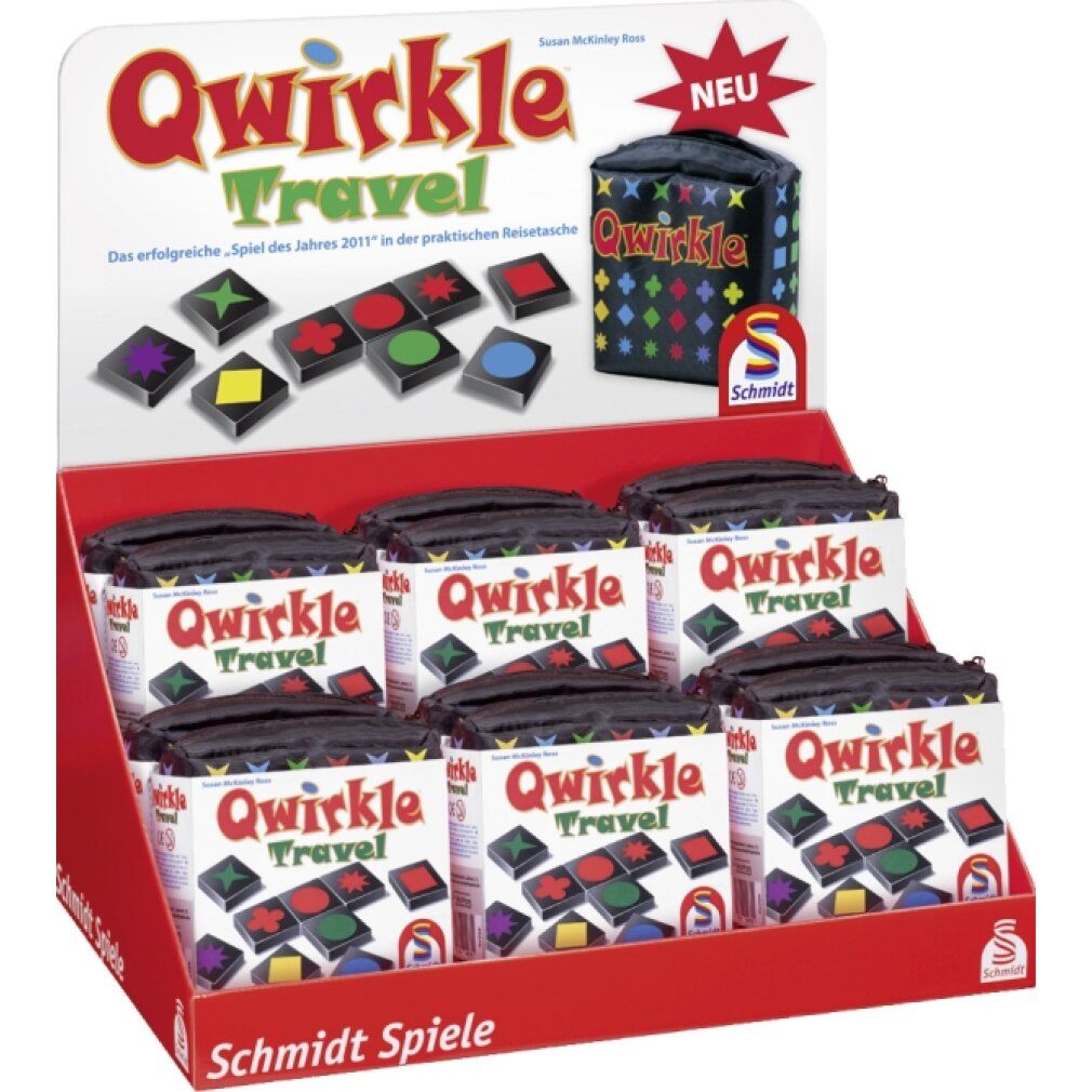 Giochi Qwirkle Travel in esposizione. Borse nere con tessere. Logo Schmidt Spiele. Scritta "NEU".