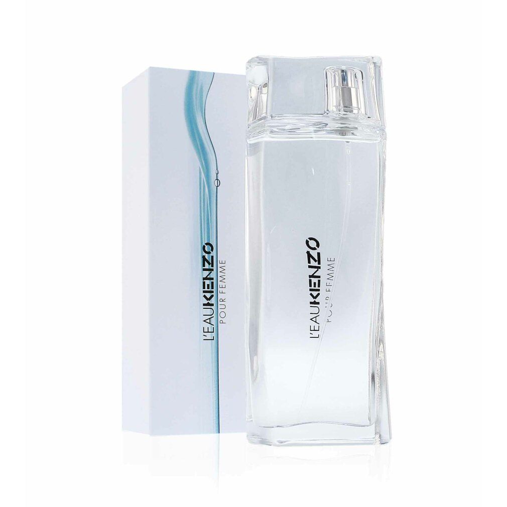 Kenzo L'Eau Pour Femme Edt Spray. Flacone e confezione. Flacone rettangolare con vaporizzatore. Confezione con nome del prodotto e design acquatico.