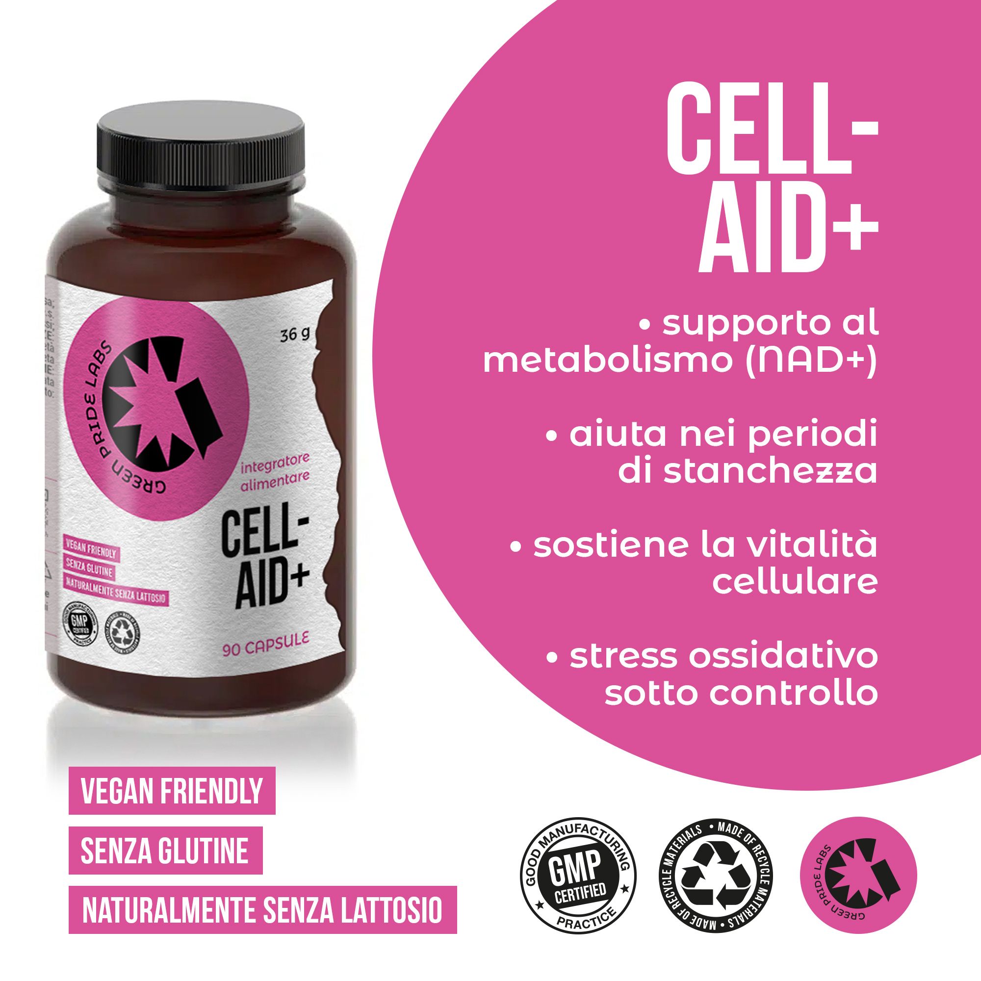 Flacone 'CELL-AID+' con box rosa che elenca i benefici: supporto metabolico, vitalità cellulare.