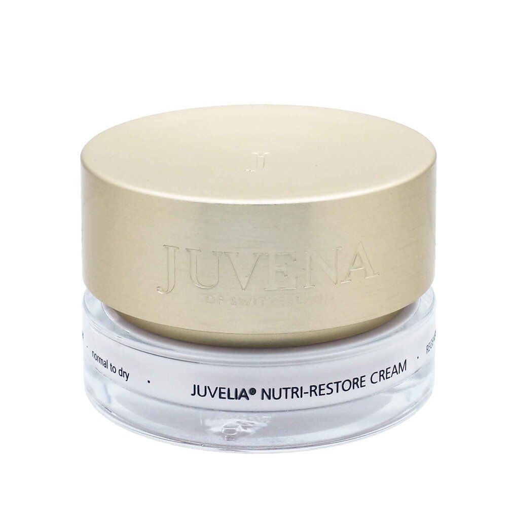 Vasetto di crema con coperchio dorato. Sul coperchio è scritto "JUVENA OF SWITZERLAND". Sotto c'è scritto "JUVELIA NUTRI-RESTORE CREAM".