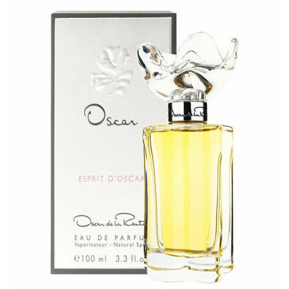 Flacone di profumo e scatola. Flacone con tappo a forma di fiore. Scritta: Oscar, Esprit d'Oscar, Eau de Parfum.