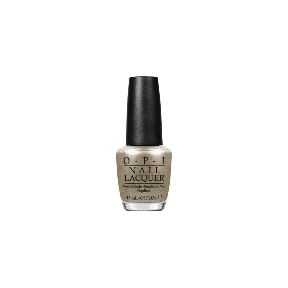 Flacone di smalto OPI. Colore beige-oro. Tappo nero. Scritta: OPI NAIL LACQUER. 15 ml.