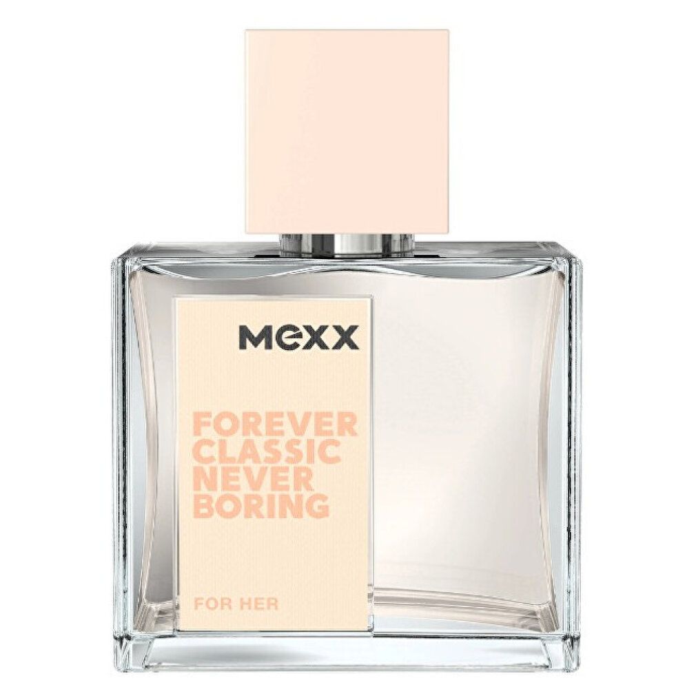 Flacone quadrato con tappo rosa chiaro. Scritta: MEXX, Forever Classic Never Boring, For Her.