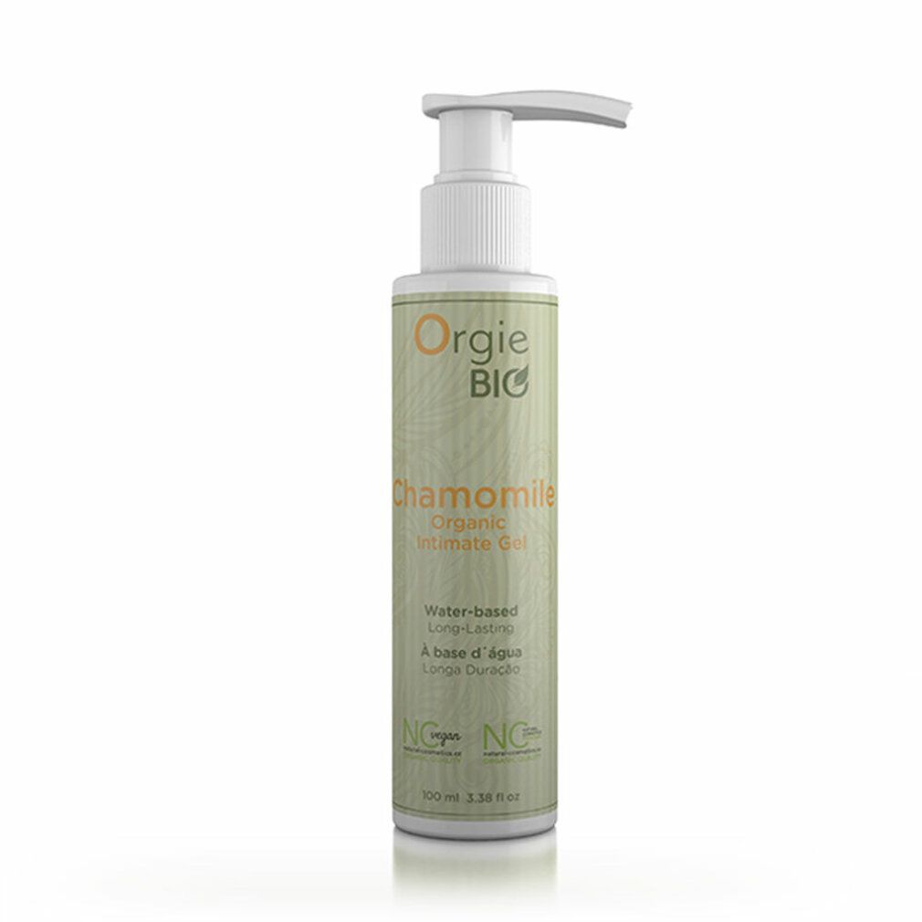 Flacone cilindrico con dosatore. Scritte: Orgie BIO, Chamomille, Organic Intimate Gel. Sigillo vegano.