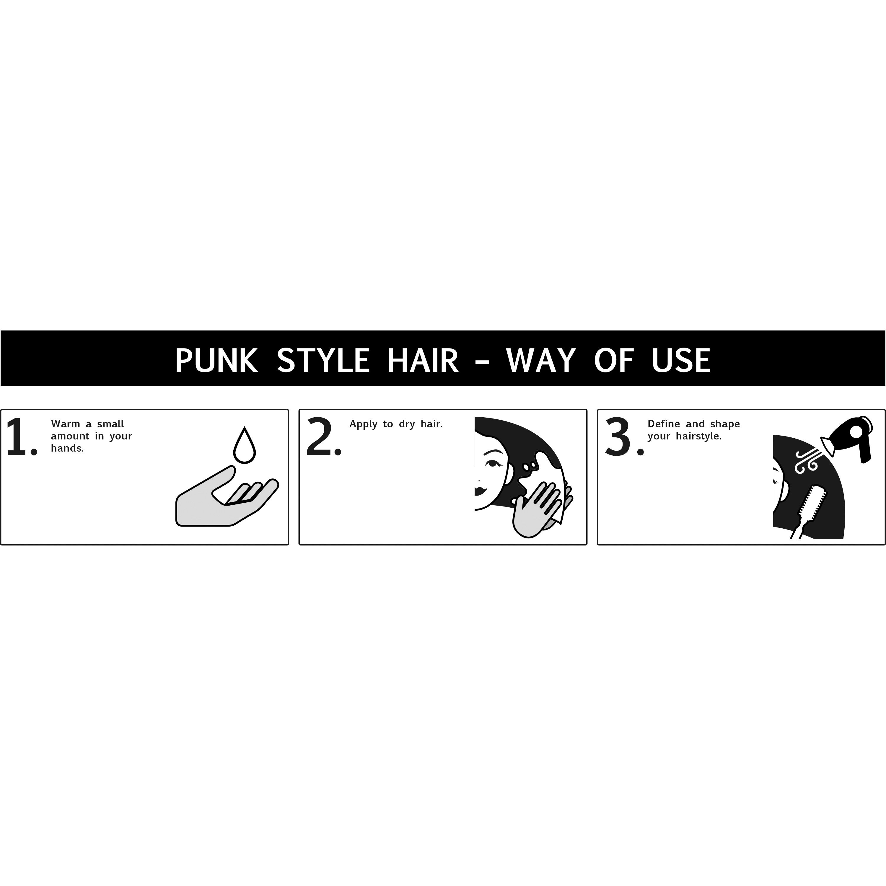 Istruzioni per acconciatura punk. 3 passaggi: gel nelle mani, applicare sui capelli asciutti, modellare l'acconciatura.