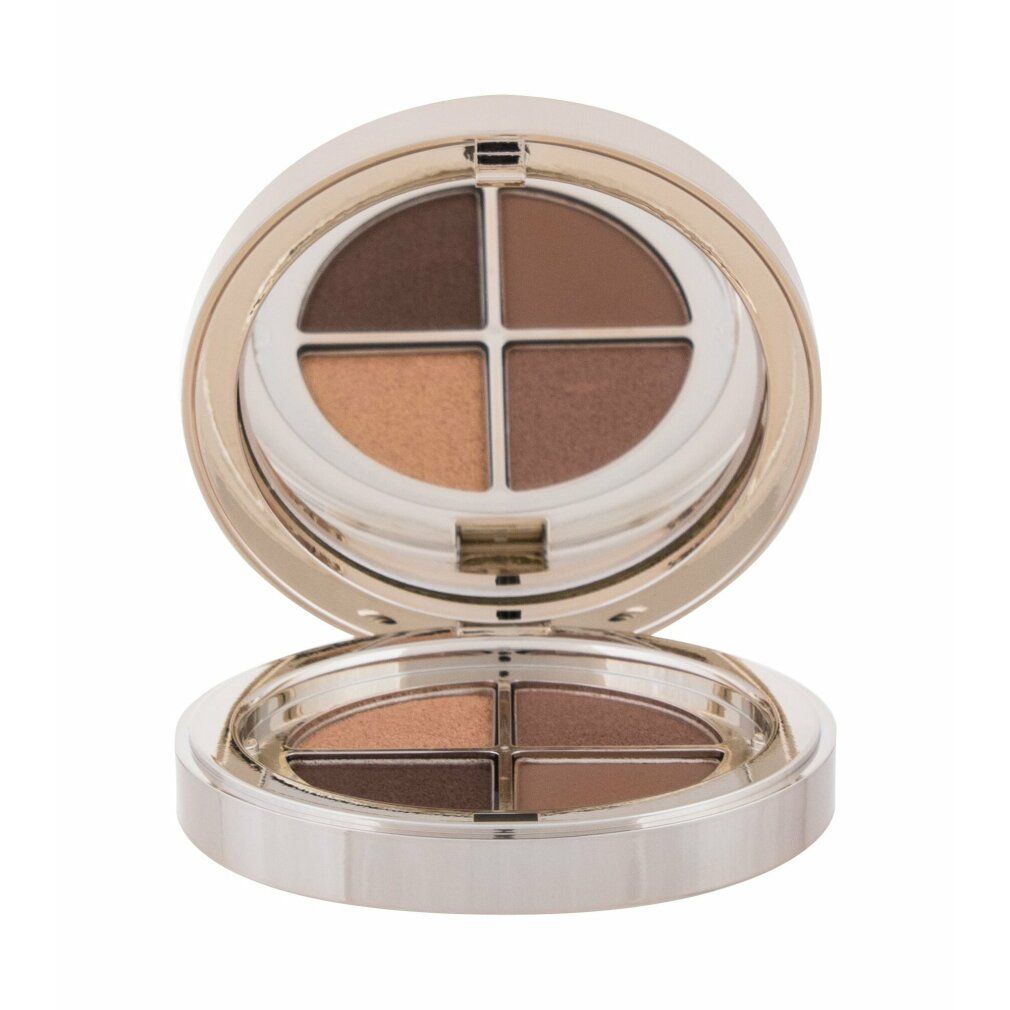 Palette ombretti rotonda, quattro colori. Cornice argentata, specchio. Tonalità: marrone chiaro, marrone, marrone scuro, marrone chiaro.