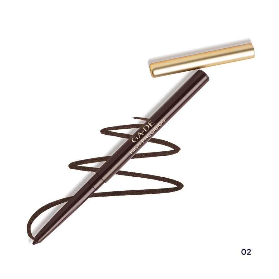 Eyeliner marrone con cappuccio dorato e tratto. Scritta: GA-DE High Precision.