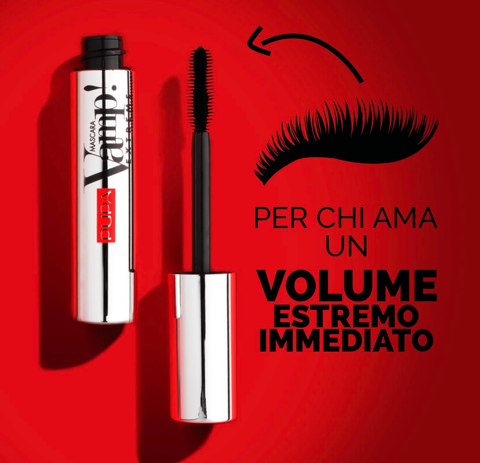 Tubo di mascara e illustrazione ciglia. Testo: Volumen extremo inmediato.
