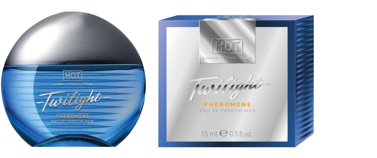 Flacone e confezione di Twilight Pheromone Parfum da uomo, 15ml.