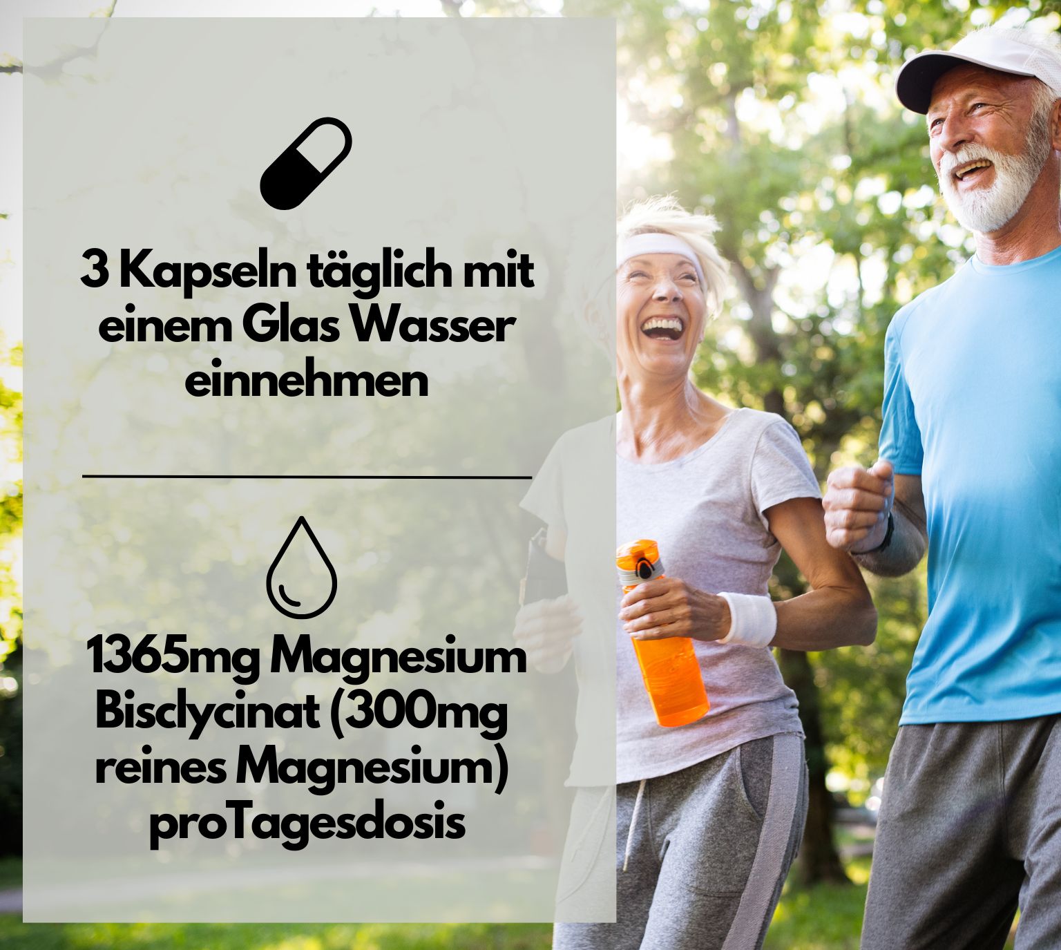 Due anziani fanno jogging. Testo: 3 capsule al giorno con acqua. 1365mg di magnesio bisglicinato per dose giornaliera.