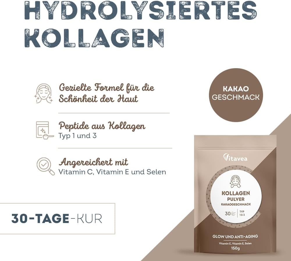 Busta beige di Vitavea Kollagenpulver al gusto cacao. Contiene vitamina C, E e selenio. Trattamento di 30 giorni.