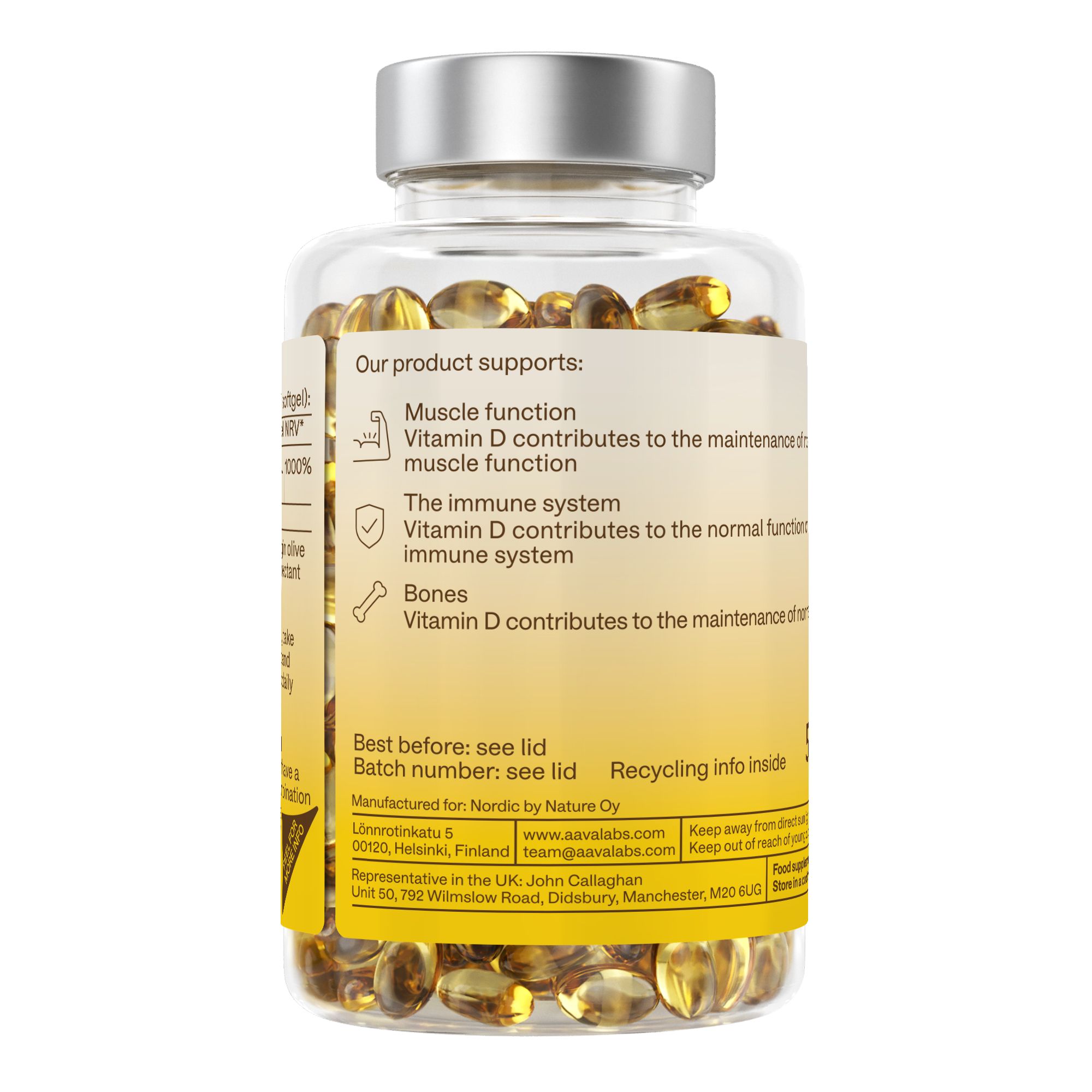 Retro del flacone di vitamina D3. Descrive il supporto della funzione muscolare, del sistema immunitario e delle ossa. Etichetta gialla.