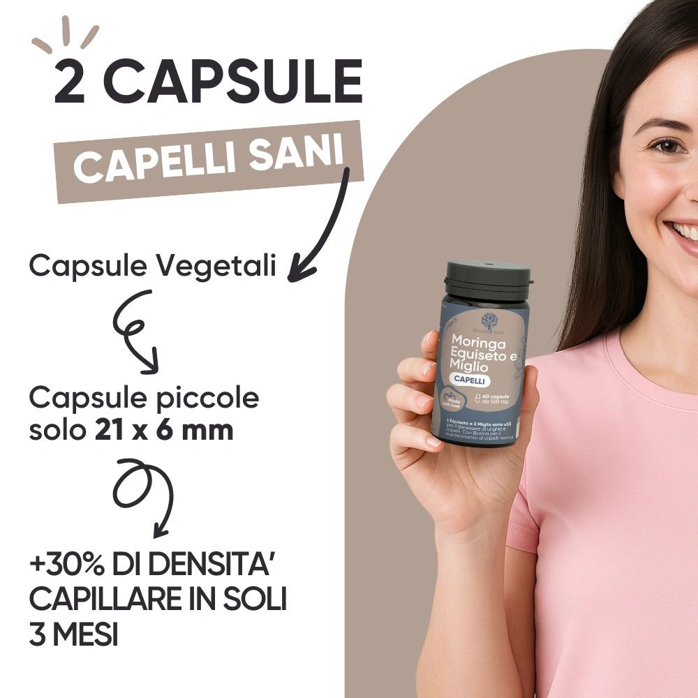 Donna tiene in mano un flacone di capsule. Scritta: Moringa Equiseto e Miglio CAPELLI. Frecce indicano capsule e testo: 2 capsule, 21x6 mm.