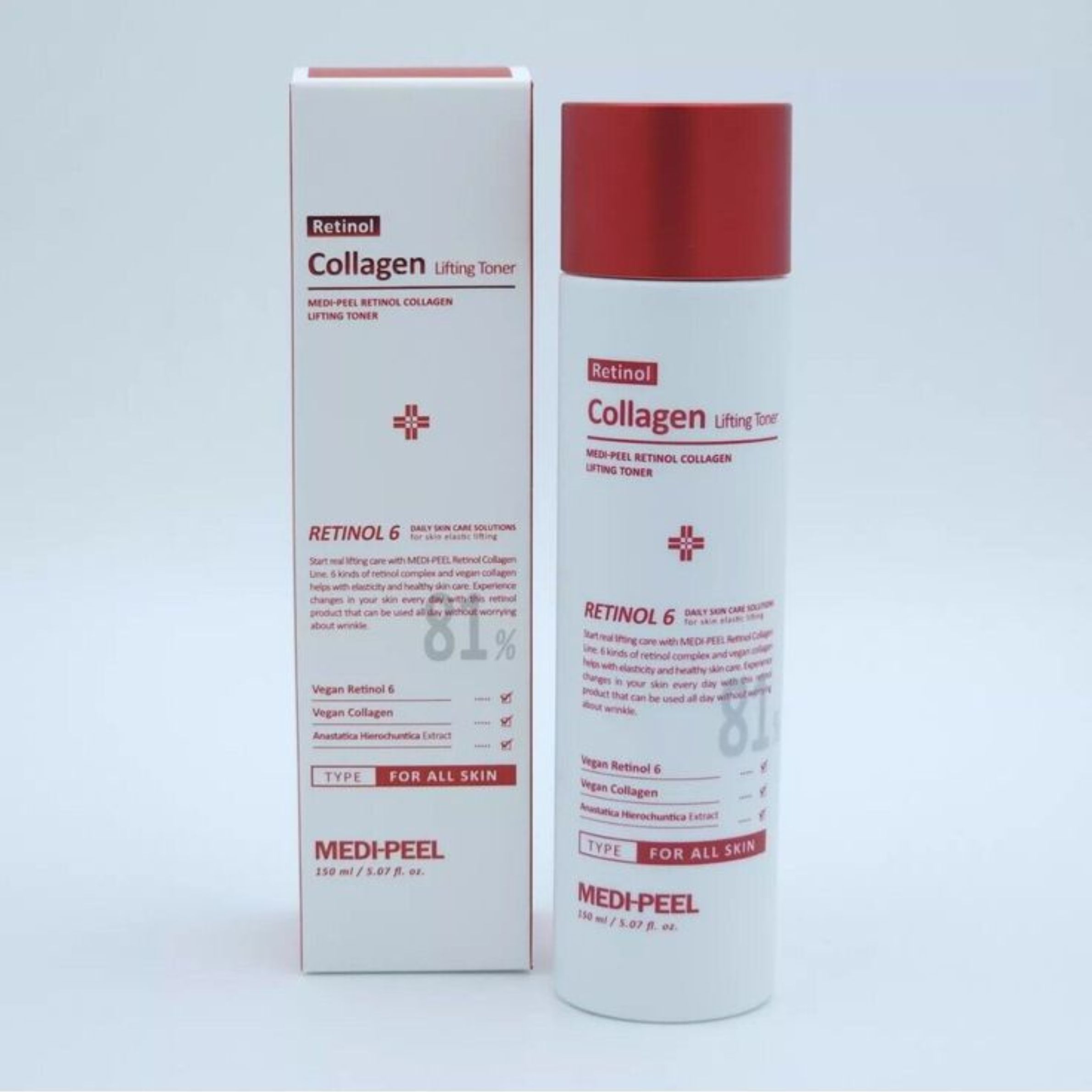 Prodotto e confezione. Flacone e scatola bianchi. Scritta: Retinol Collagen Lifting Toner. Marchio: MEDI-PEEL. Testo e logo.