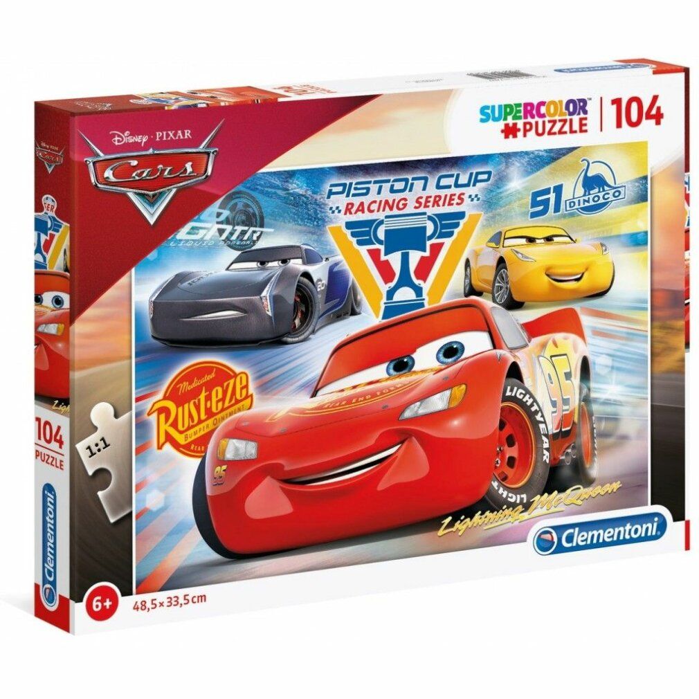 Puzzle Cars 3, 104 pezzi. Confezione con Lightning McQueen e altre auto da corsa. Logo Clementoni.