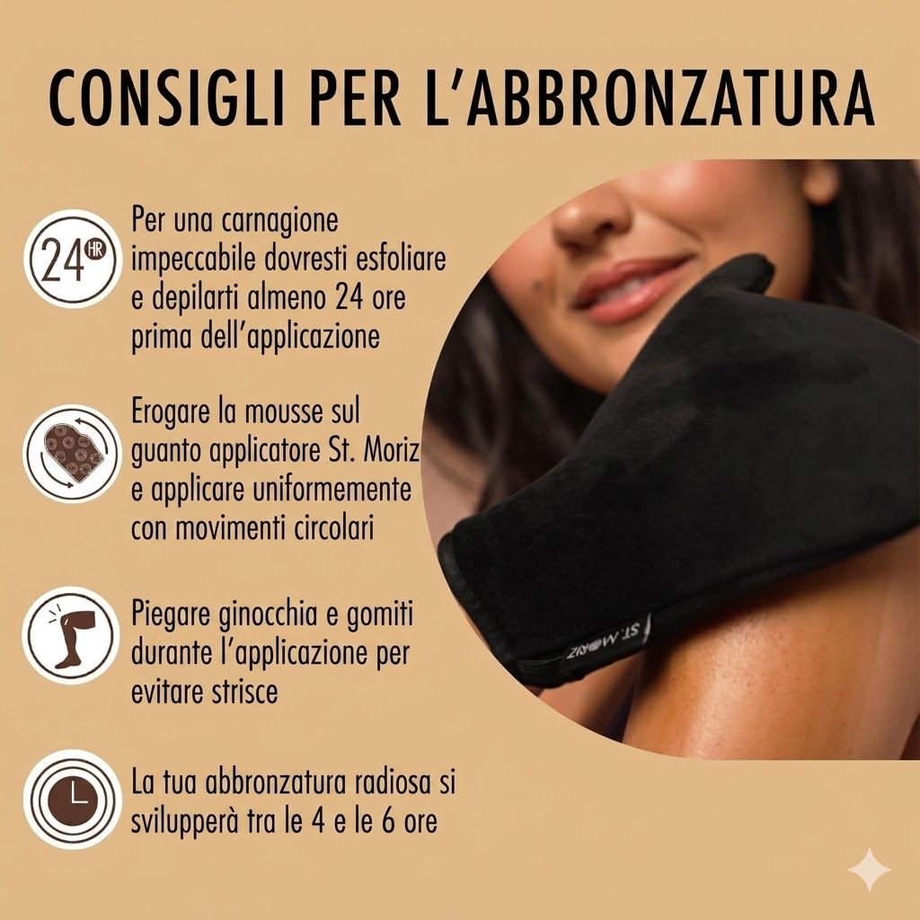 Consigli per l'applicazione. Donna applica autoabbronzante con guanto applicatore. Scrub 24h prima. Tempo di sviluppo 4-6h.