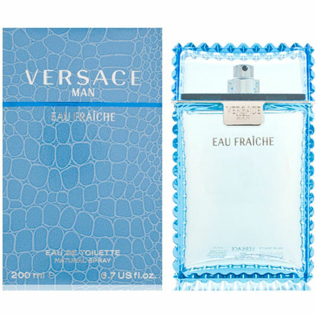 Spray Eau de Toilette e confezione. Flacone con cornice blu. Scritta: VERSACE MAN EAU FRAICHE. Confezione con motivo coccodrillo.