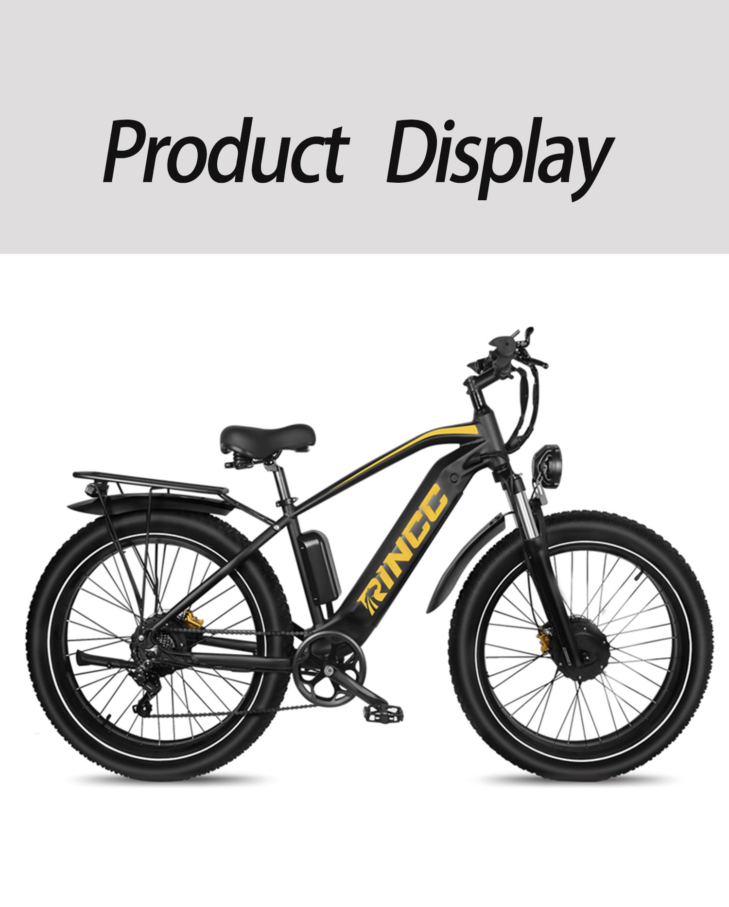 E-MTB nera Rincc RN70. Logo Rincc giallo. Portapacchi, faro e batteria.